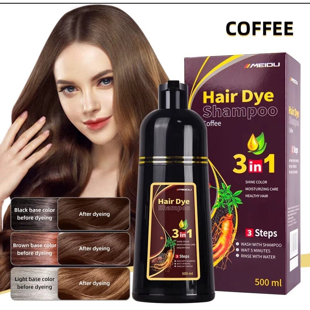 Meidu 3 in 1 Hair Dye Shampoo Coffee 500ml Semi-Permanent Gray Coverage